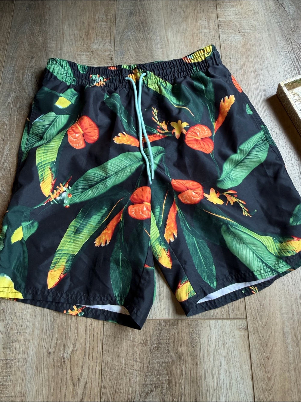 Old Navy Black Swim Trunks with Orange and Green Tropical Print